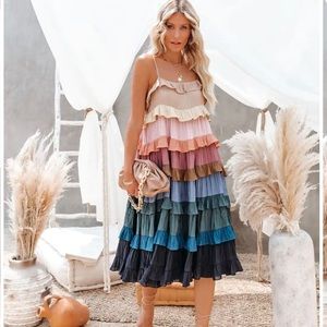 Vici Autumn Tones ruffle tiered multicolor midi dress